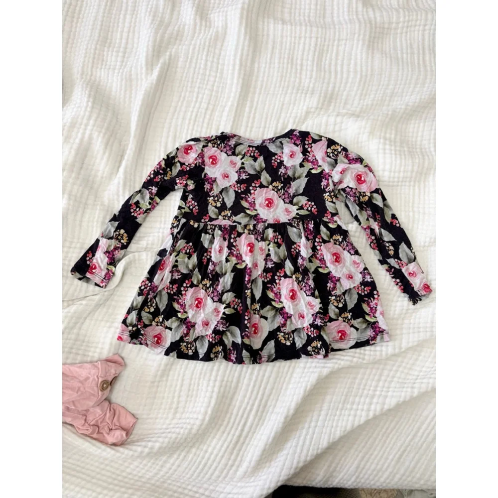 Girls Posh Peanut Bamboo Matching Set 3T Black Pink Floral Top & Leggings